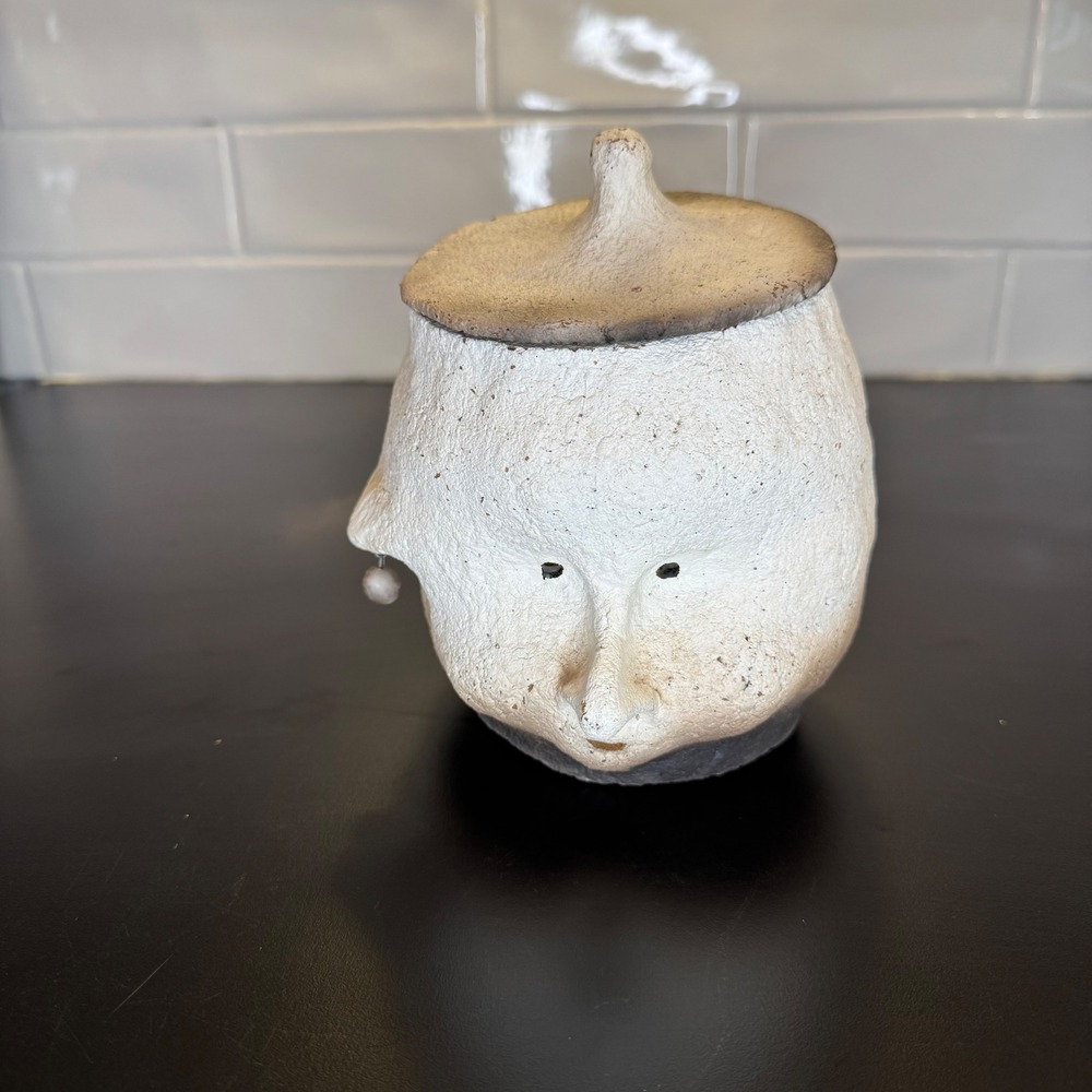 Studio Pottery Face Jar Lidded Vessel Small White Brown Handcrafted Folk Art